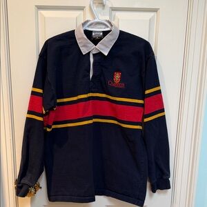 Queens University sz L Rugby Shirt Top - Blue Red Gold striped Barbarian Casual